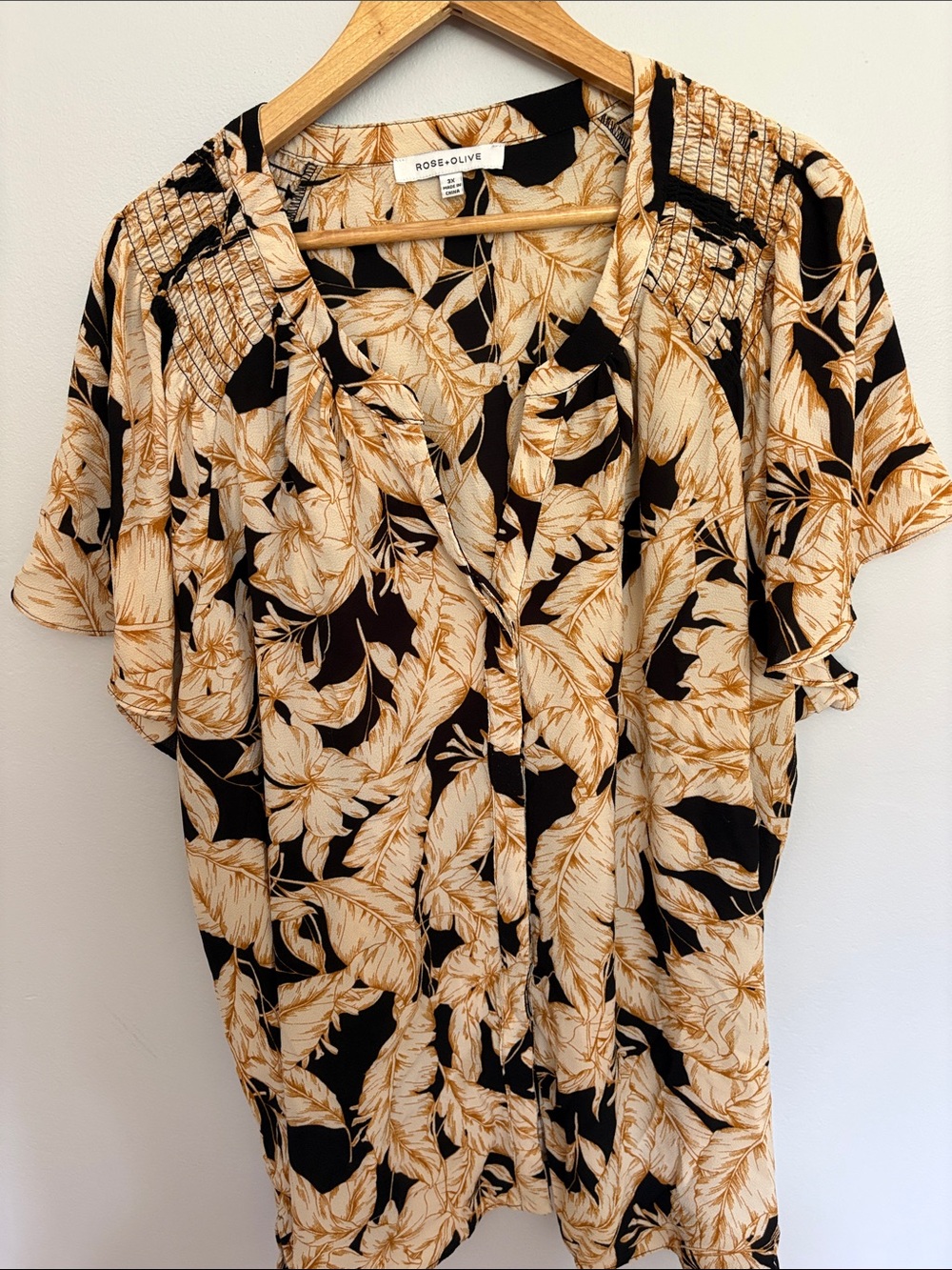 Rose & Olive Black and Cream Tropical Leaf Button-Down Top